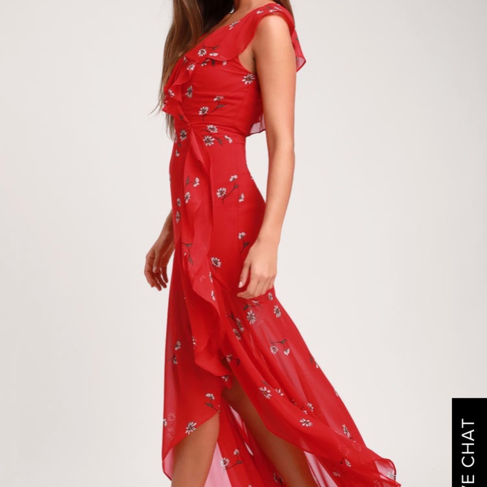 Red floral ruffled maxi dress